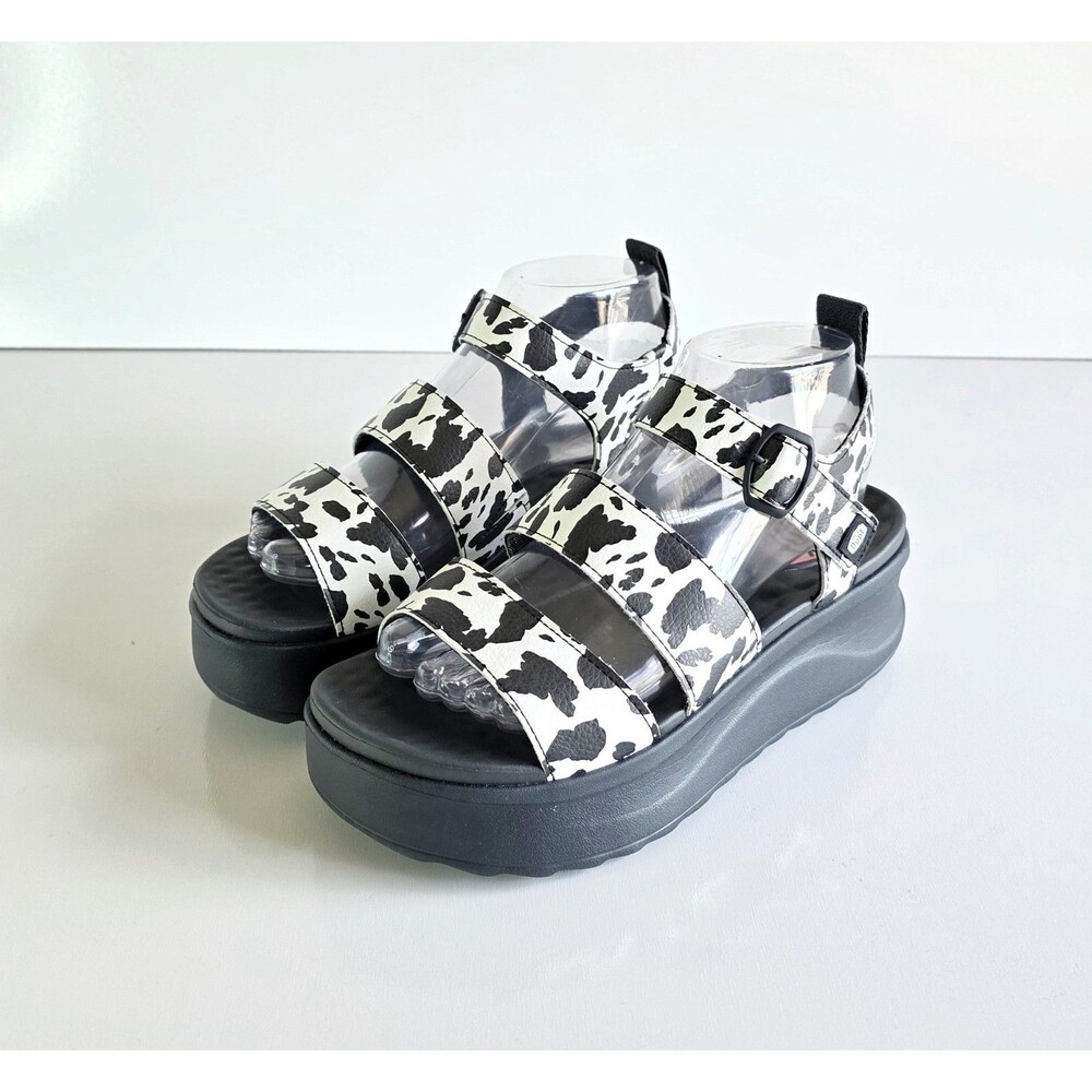 HEY DUDE Delray Buckle Animal Platform Sandals Black White Cow Women's 8 39